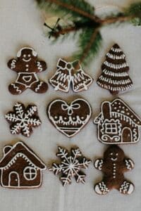 Decorative gingerbread cookies with festive designs perfect for Christmas celebration.